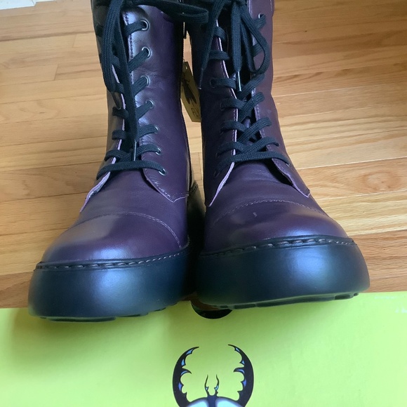 Fly London Daff Leather Wedge Combat Boot Dark Purple Sofia SZ 41/US 10 - Picture 13 of 16